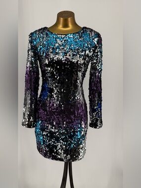 NWT TFNC London Sequin Ombre Long-Sleeve Party Dress - Blue Purple Black Size S